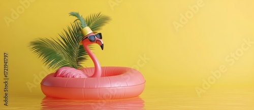 Colorful Flamingo Float With Sunglasses and Pineapple on Vibrant Yellow Backg...