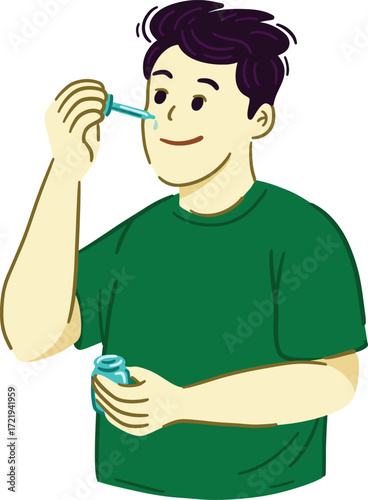 Man applying serum to face with dropper from bottle