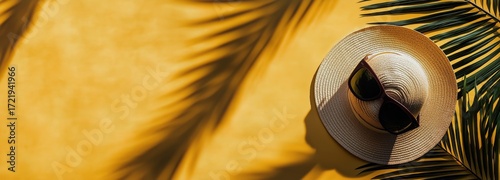 Relaxing Summer Vibes With a Straw Hat and Sunglasses on a Sunny Yellow Backg...
