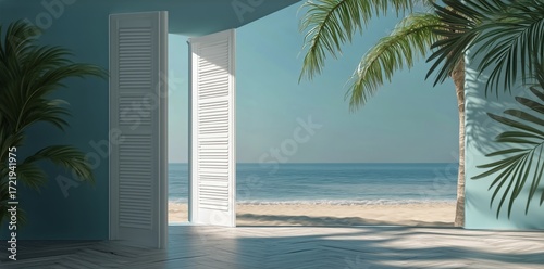 Bright Beach View Through Open Shutters in a Tropical Room