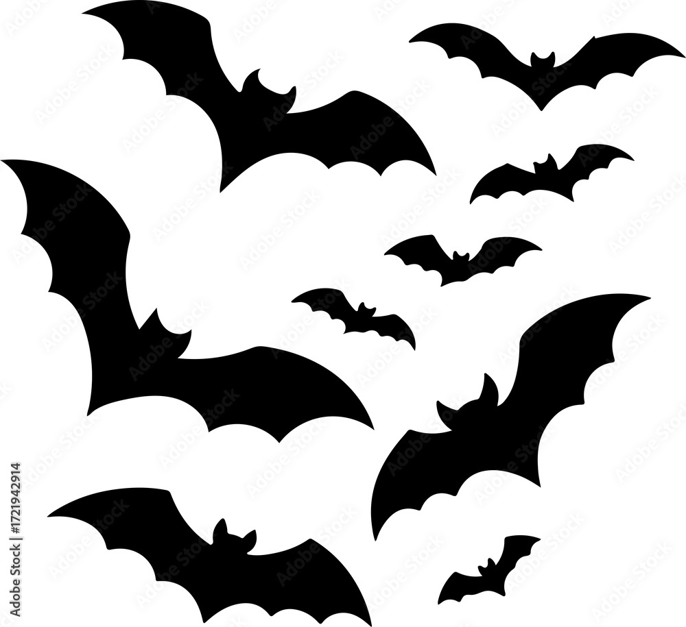 Naklejka premium Flying Bats Halloween Vector – Dark Silhouettes on White Background