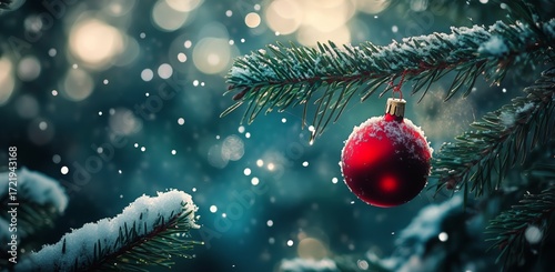 Red Ornament Hangs on Snow-Covered Pine Branch in Winter Forest During Christ...