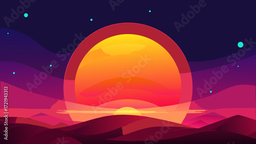 Colorful vector illustration of a night sky with a full moon and twinkling stars over a serene ocean