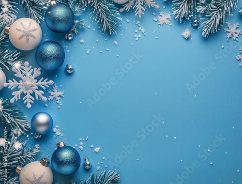 Festive Winter Decoration With Blue and Silver Ornaments and Frosty Snowflake...