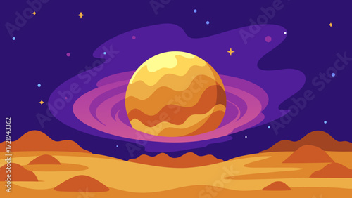 Full moon and stars illuminate the dark night sky over a desert landscape, a celestial illustration of the cosmos