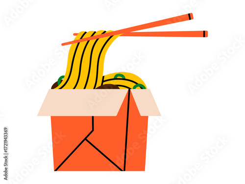 Hand drawn cute illustration of noodle in cardboard box. Flat vector Chinese wok with chopsticks doodle. Food delivery. Unhealthy eating sticker, icon. Asian fast food. Takeaway asian menu. Isolated.