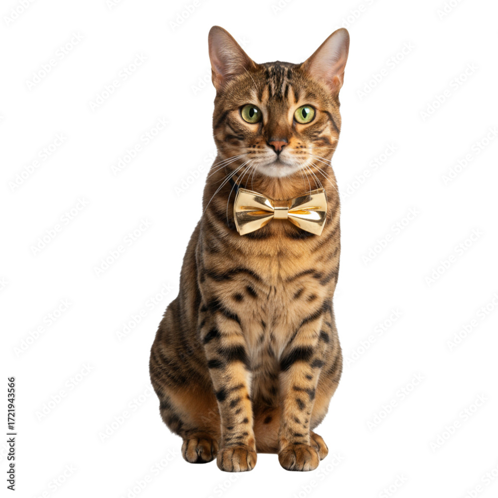 Obraz premium Bengal cat wearing a golden bow tie, isolated on transparent background