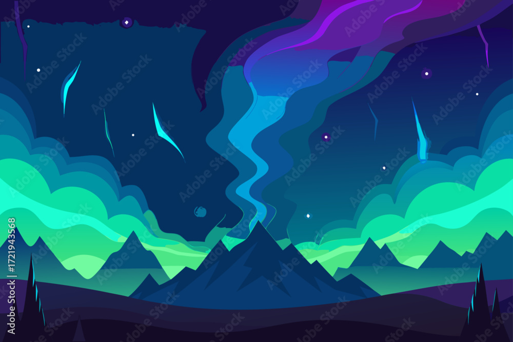 Obraz premium A serene vector illustration of a night landscape with mountains, stars, and clouds