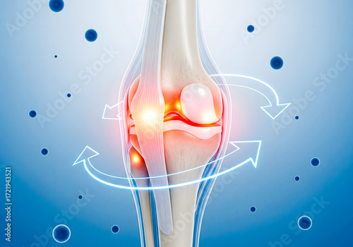 Knee joint recovery and healing process. 3D medical illustration with arrows showing circulation and t