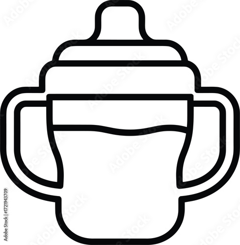 Baby sippy cup line art icon with handles and liquid on white background Keywords: baby, sippy