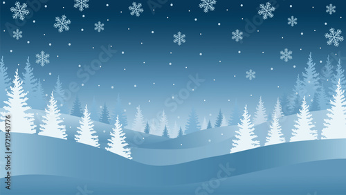 Blue winter vector background for christmas with snowflakes and pine trees.