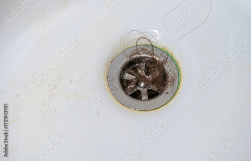 Картината върху платно A top-view close up reveals a clogged metal drain in a dirty white sink, tangled