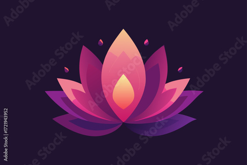 Pink lotus flower vector illustration with blooming aquatic lilies and green leaves