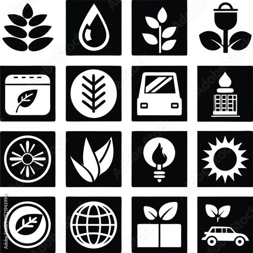 Collection of eco-friendly and sustainability icons including nature symbols renewable energy and environmental conservation concepts for diverse applications.