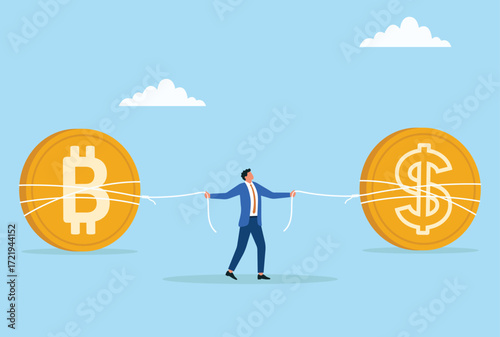 Vector illustration of businessman balancing between bitcoin and dollar, symbolizing the challenge of navigating cryptocurrency and traditional financial systems
