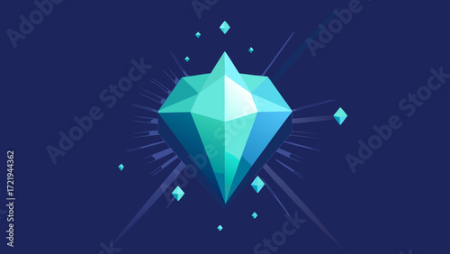 A stunning brilliant cut diamond shines on a deep blue geometric background in a luxurious vector illustration