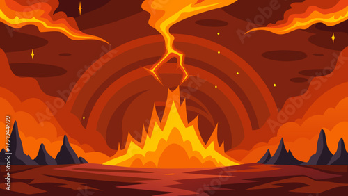 Campfire in the forest at sunset, with a fiery orange sky and a mountain silhouette
