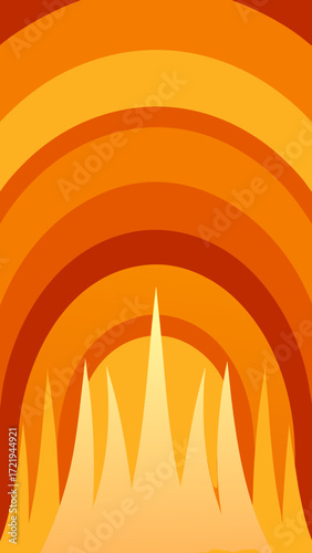 Abstract vector illustration of a fiery orange sun and sea backdrop, a dynamic art design with light and flame symbols