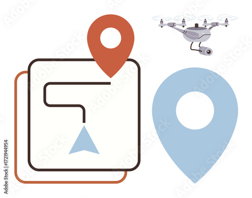 quadcopter with camera flying near map with route and markers, symbolizing navigation, delivery, tracking, planning, logistics, mobile apps, geolocation. Ideal for modern technology themes simple flat