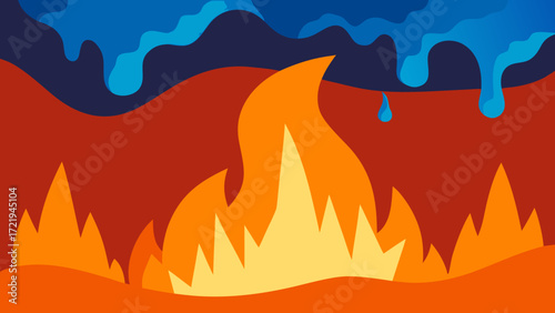Vector illustration of a vibrant mountain landscape at sunset, with a fiery orange sky and a silhouette of distant hills and trees