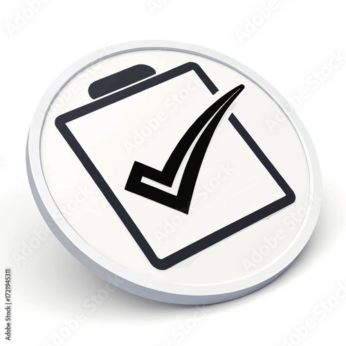 Stylized clipboard icon with bold checkmark in circular frame isolated on white background