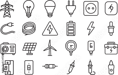 Electricity Line Icon Set Vector Outline Icons of Power Lines, Bulbs, Voltage, Plugs, Cables, Batteries, and Electrical Equipment