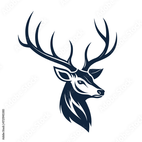 Stylized deer head icon with branching antlers in dark silhouette isolated on white background
