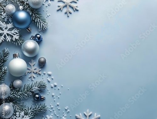 Festive Winter Decoration With Blue and Silver Ornaments and Frosty Snowflake...