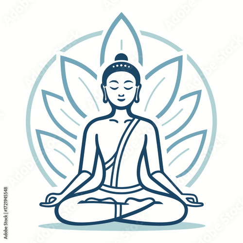 Stylized meditating figure with lotus flower outline isolated on white background