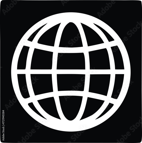 Simple white globe icon on black square symbolizing global reach internet connectivity and worldwide business and communication concepts