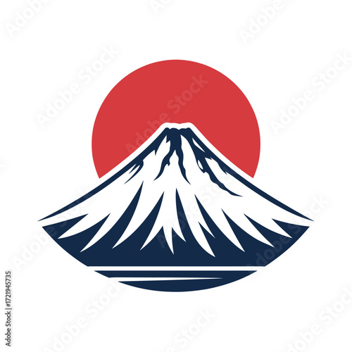 Stylized Mount Fuji with red sun illustration isolated on white background