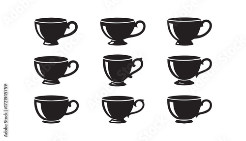 Collection of black coffee cups on white background