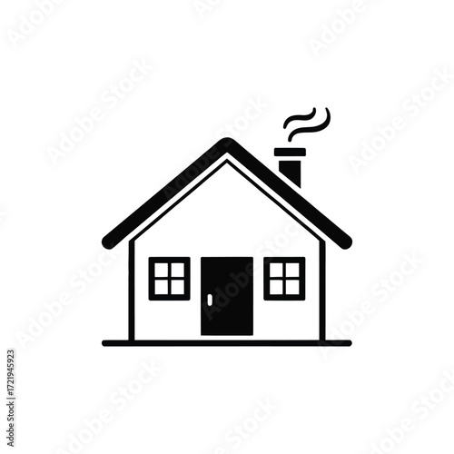  Minimalist black house icon with chimney smoke—symbol for home, residence, domestic life, real estate, or cozy living themes
