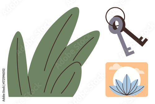 Green leaves, a pair of metal keys, and a serene landscape with a blooming flower and sunrise. Ideal for nature, security, home, serenity, mindfulness simplicity and balance. Flat metaphor