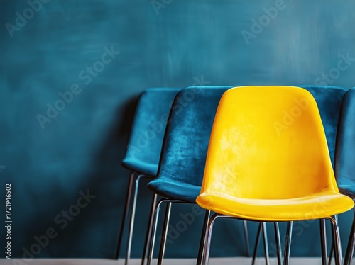 Bright Yellow Chair Stands out Among Blue Chairs in Modern Interior Design