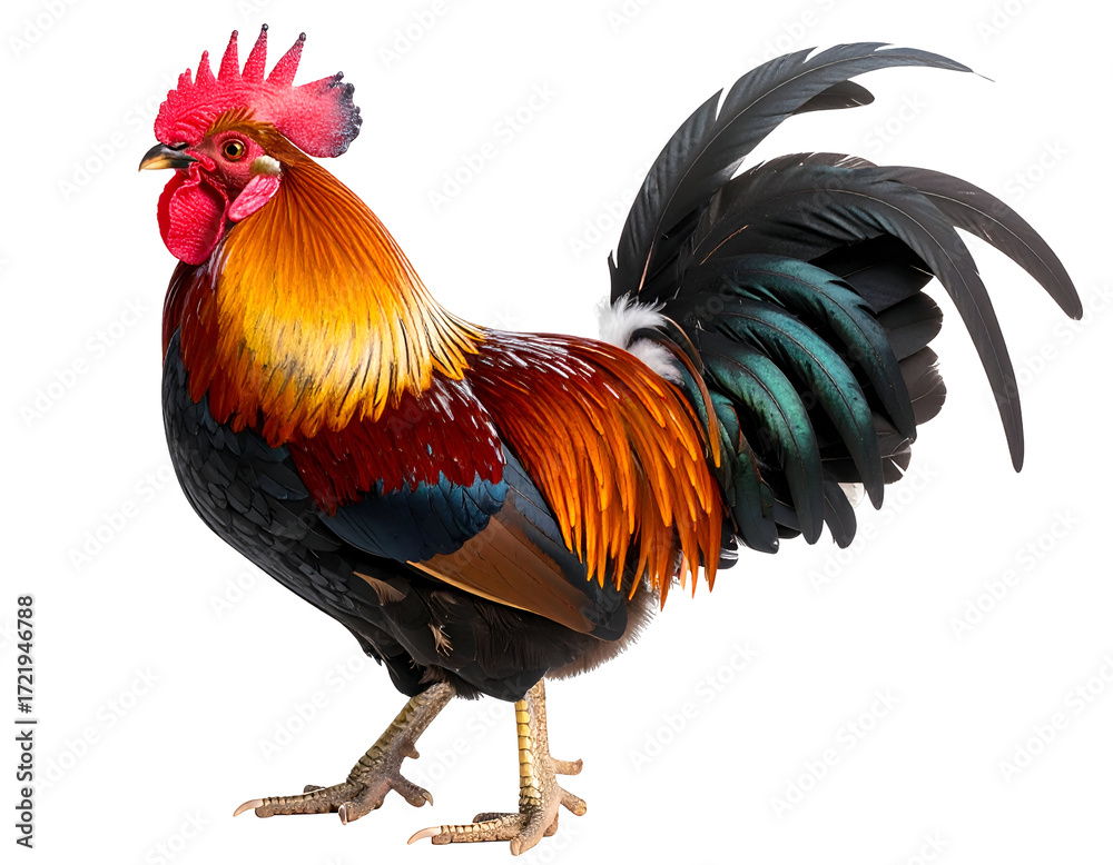 Fototapeta premium A vibrant and colorful rooster stands proudly with its striking plumage and impressive tail feathers displayed.