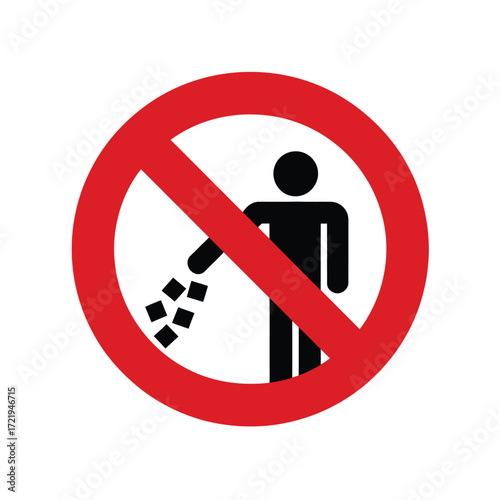 “No Littering” symbol with person dropping trash and red prohibition circle—representing public cleanliness, civic responsibility, and safety