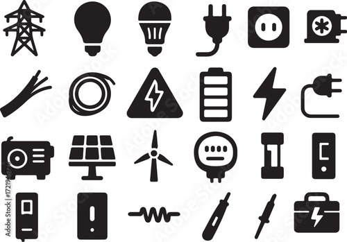 Electricity Silhouette Icon Set Vector Power Icons of Energy, Bulbs, Plugs, Cables, Voltage, Batteries, and Electrical Equipment