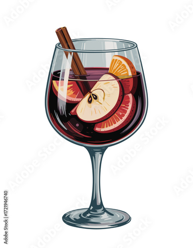 Mulled wine in glass with cinnamon sticks, apple and orange slices, vector illustration, festive winter drink, cozy holiday beverage, isolated on transparent background