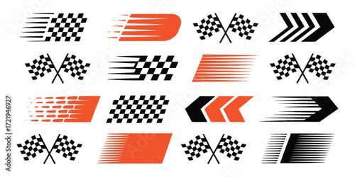 Motorsport racing car stripes with dynamic lines checkered flags finish line graphics automotive competition and motocross inspired speed-themed design elements
