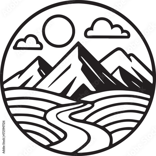Circular landscape icon featuring mountains river sun and clouds