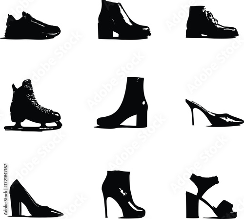 Footwear Silhouette Icon Set Vector Featuring Heels, Boots, Sneakers, Skates, and Sandals in Fashion Line Art Style