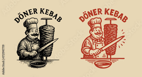 Vintage Döner Kebab logo design with chef illustration. Traditional Turkish fast food emblem featuring a cook with knife cutting meat from vertical rotisserie. Perfect for restaurant branding, street 