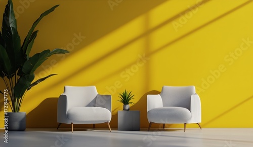 Modern Living Room Design With Yellow Accent Wall and Comfortable Chairs in S...