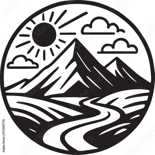 Stylized circular mountain landscape with winding river and sun