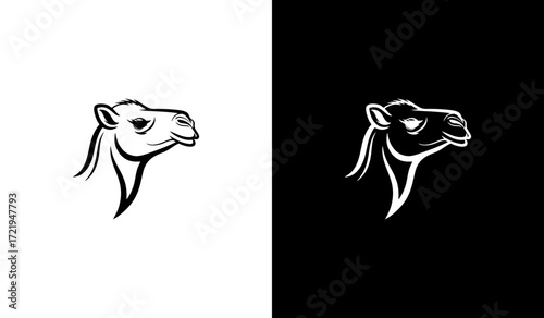 The image shows a stylized vector illustration of a camel’s head, divided into two halves. On the left, the background is white with a black camel design