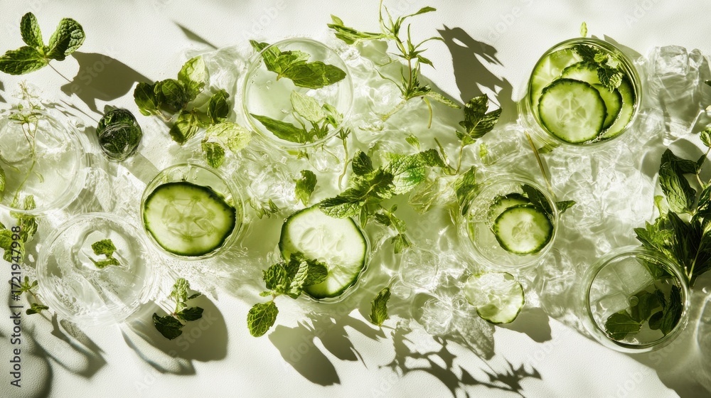 Obraz premium Refreshing cucumber mint drink ice herbs overhead view green cool tones summer beverage healthy lifestyle