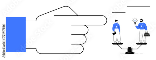 Hand outlines pointing to evenly balanced scale with two employees holding objects. Ideal for decision-making, equality, balance, leadership, fairness, workforce, business strategy. Simple flat