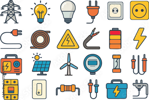 Flat Electricity Icon Set Colorful Vector Icons of Power, Bulbs, Voltage, Plugs, Batteries, Solar Panels, and Energy Tools
