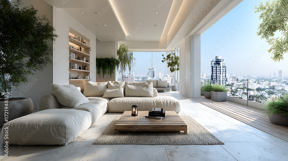 Obraz premium modern apartment condominium interior design living room balcony terrace with urban city view furniture decor creating stylish comfortable home environment